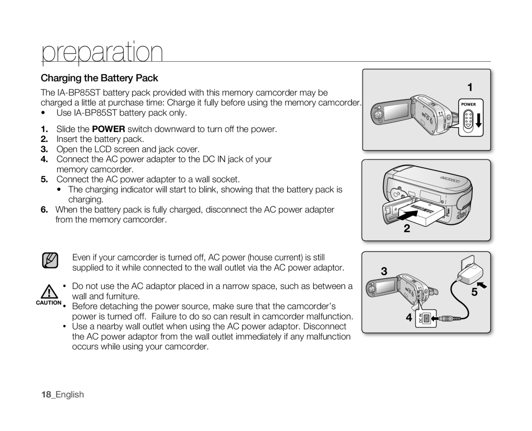 Samsung SC-MX10 user manual Charging the Battery Pack, 18English 