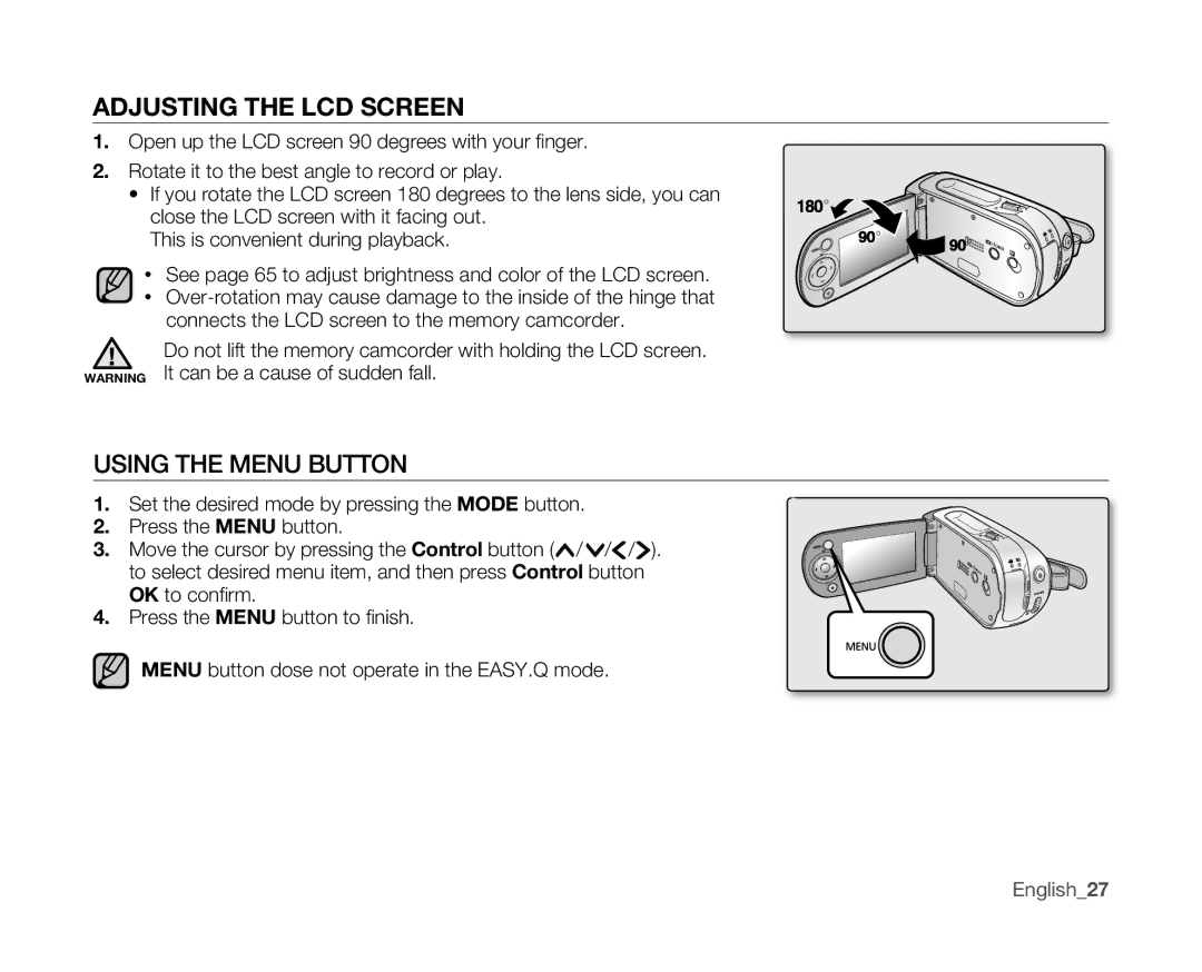 Samsung SC-MX10 user manual Using the Menu Button, English27 