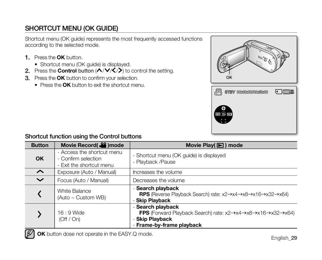 Samsung SC-MX10 Shortcut Menu OK Guide, Shortcut function using the Control buttons, Skip Playback Frame-by-frame playback 