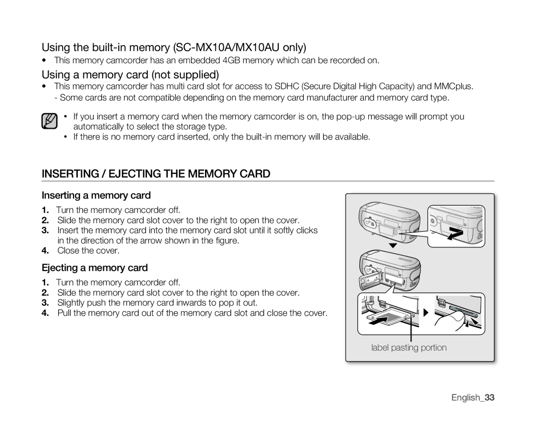 Samsung Using the built-in memory SC-MX10A/MX10AU only, Using a memory card not supplied, Inserting a memory card 