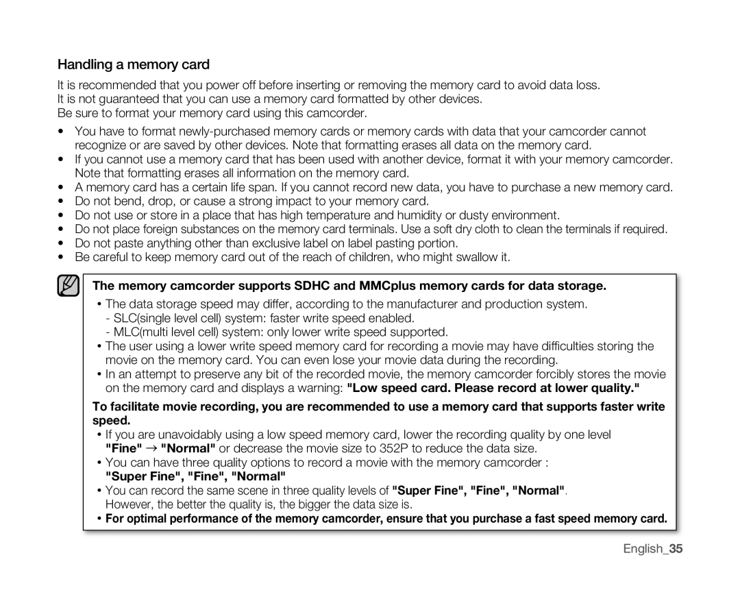 Samsung SC-MX10 user manual Handling a memory card, Super Fine, Fine, Normal, English35 