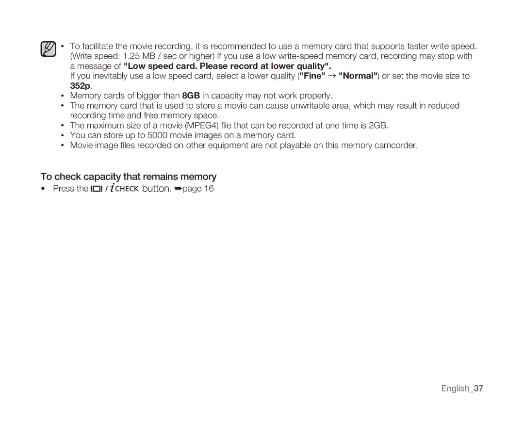 Samsung SC-MX10 user manual To check capacity that remains memory, English37 