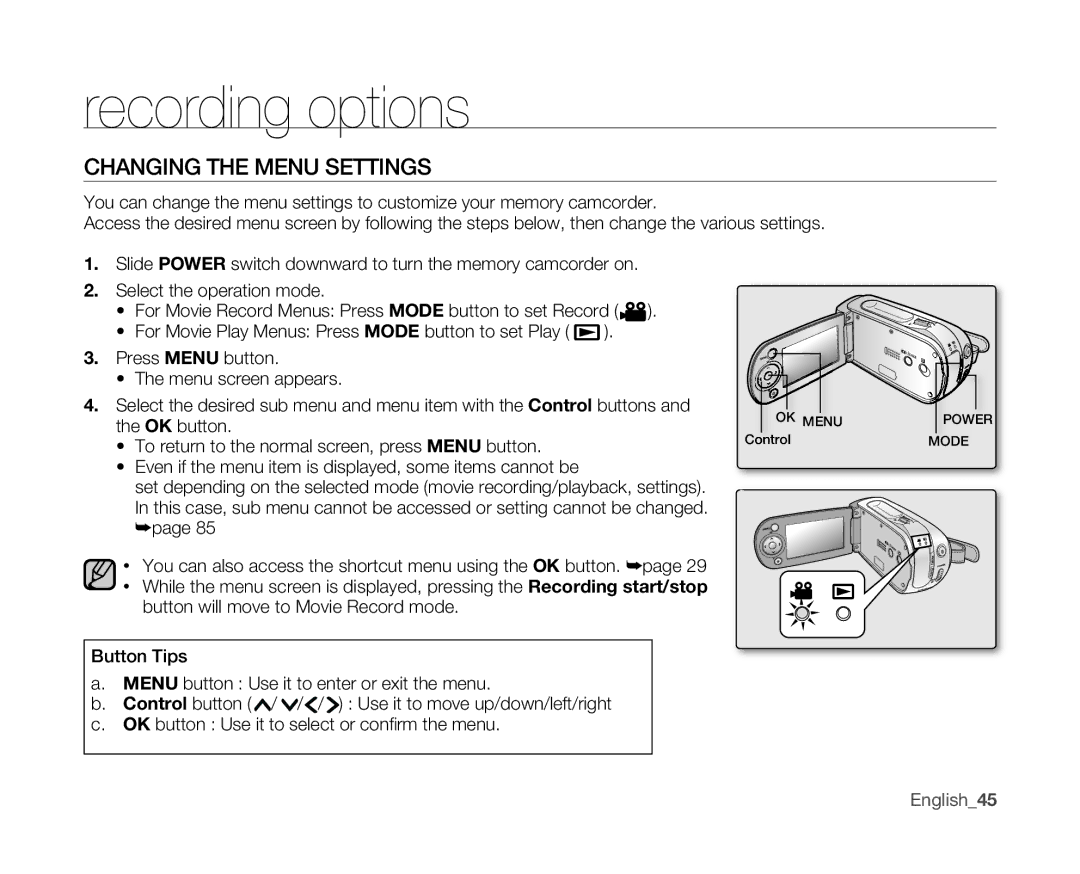 Samsung SC-MX10 user manual Recording options, Changing the Menu Settings, English45 