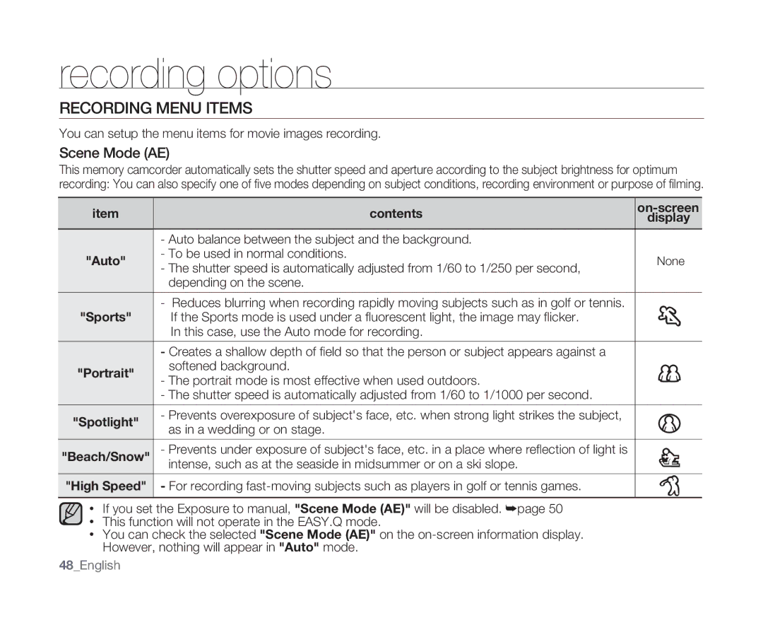 Samsung SC-MX10 user manual Recording Menu Items, Scene Mode AE, Contents 