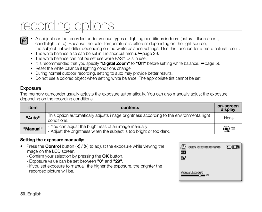 Samsung SC-MX10 user manual Exposure, Conditions, 50English 