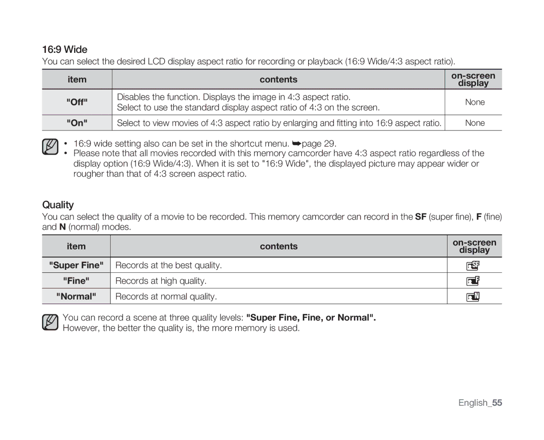 Samsung SC-MX10 user manual Wide, Quality, Records at the best quality, Records at high quality, Records at normal quality 