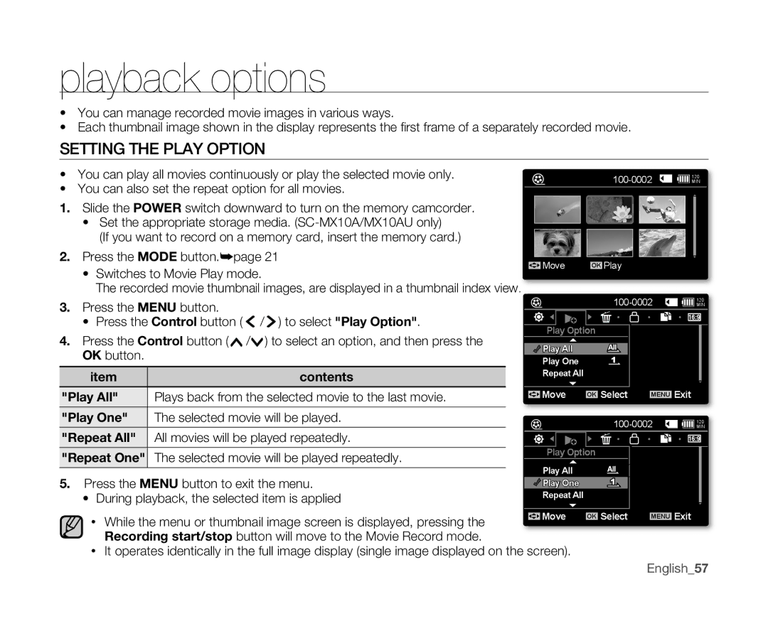 Samsung SC-MX10 user manual Playback options, Setting the Play Option, Play All, Play One, English57 