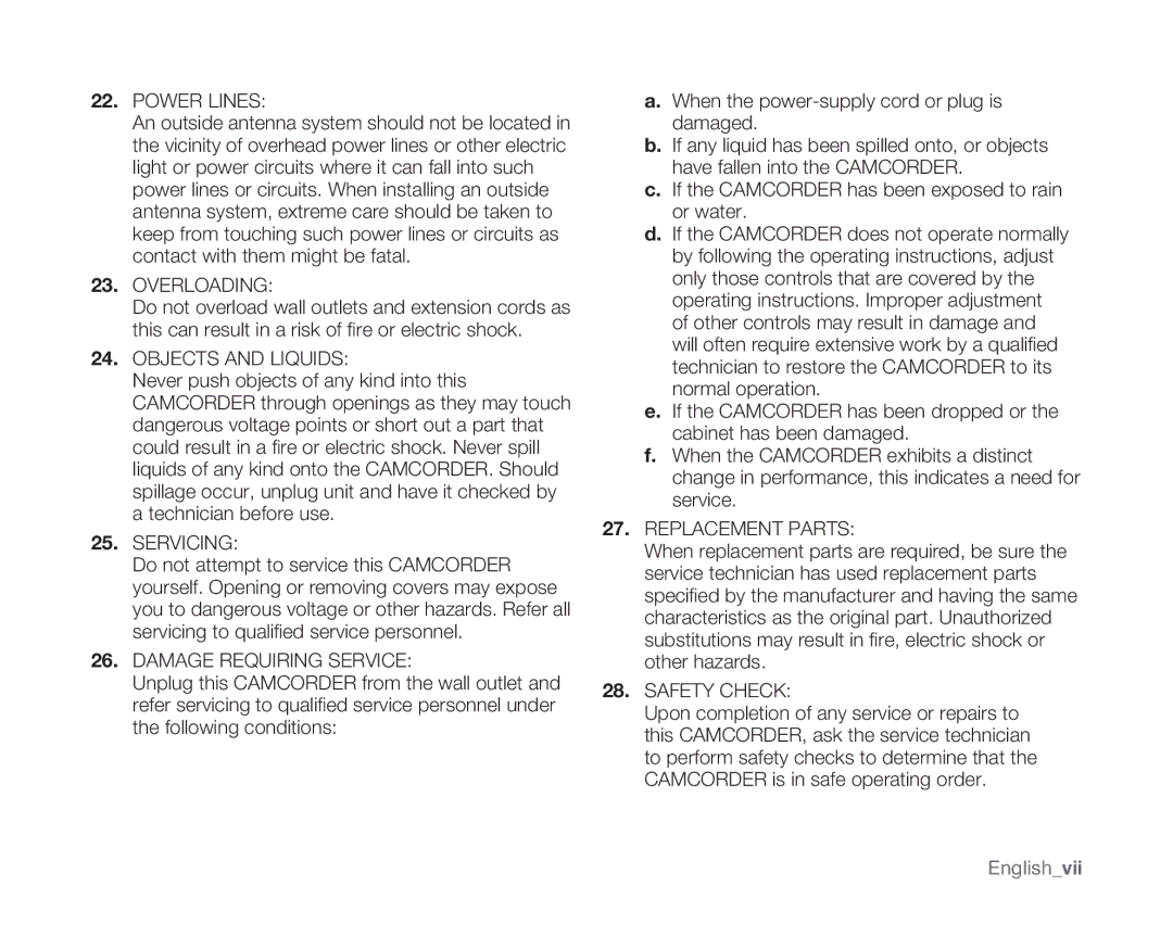 Samsung SC-MX10 user manual Power Lines, Englishvii 