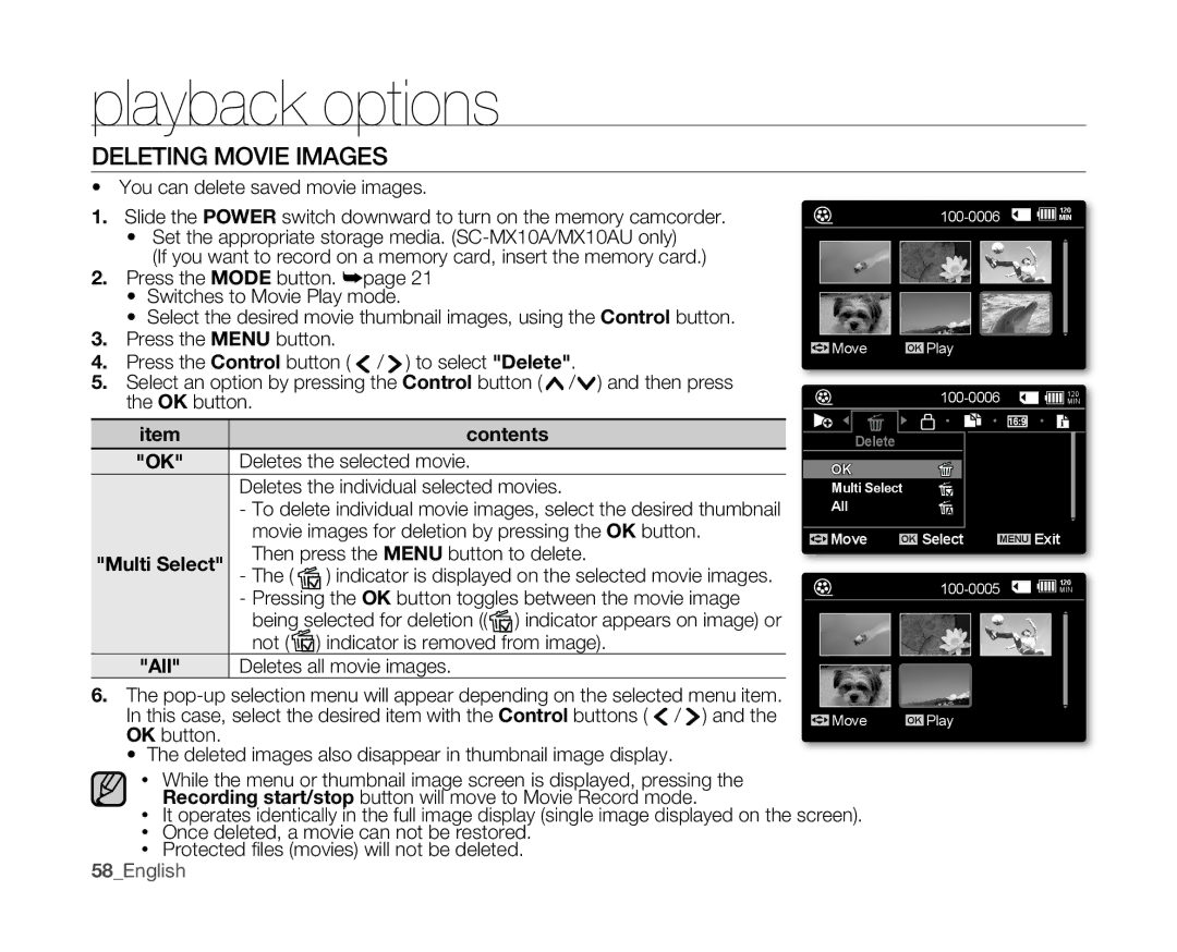 Samsung SC-MX10 user manual Deleting Movie Images, 58English 