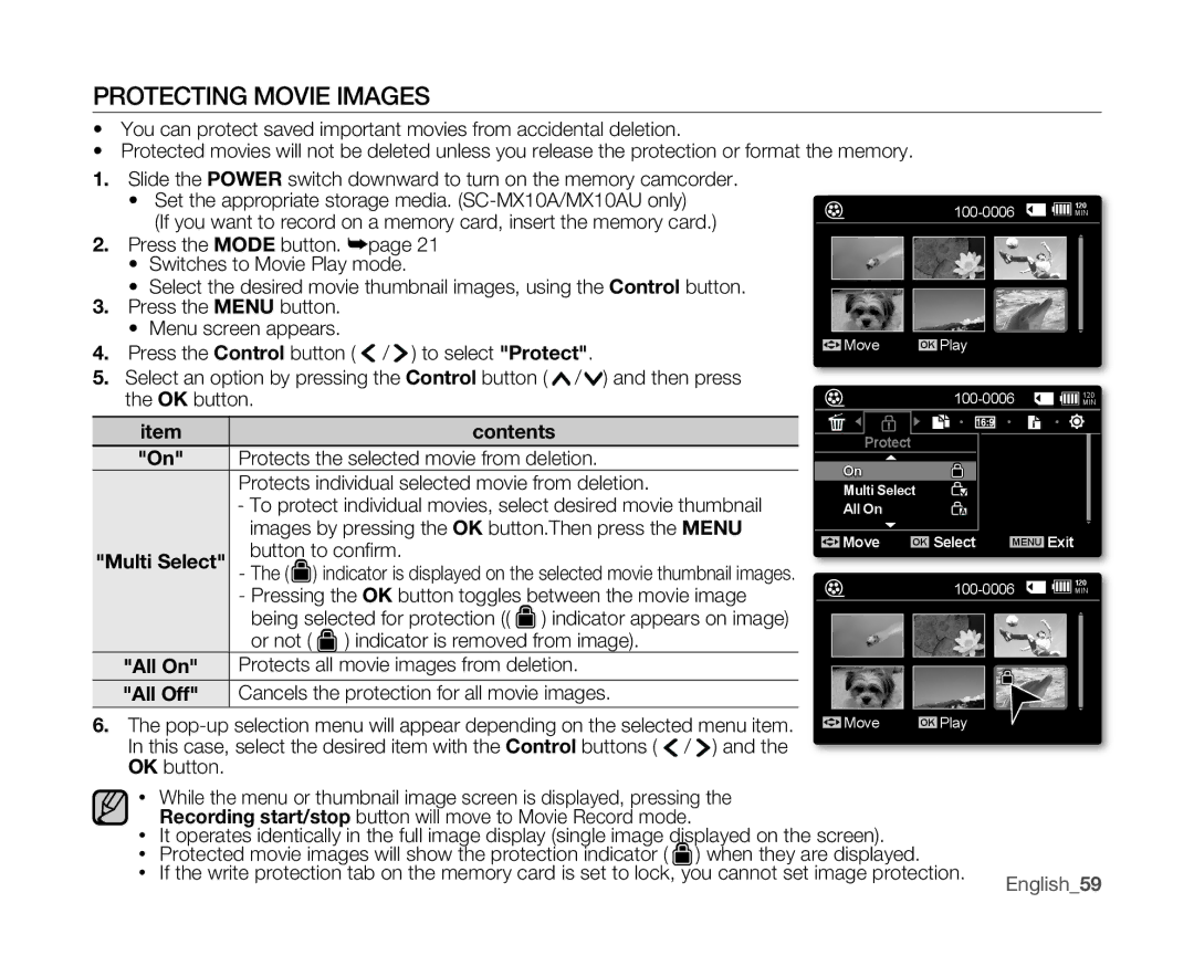 Samsung SC-MX10 user manual Protecting Movie Images, Press the Control button / to select Protect, All On, All Off 