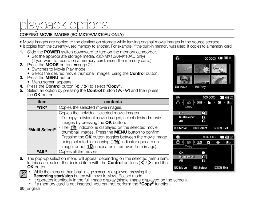 Samsung user manual Copying Movie Images SC-MX10A/MX10AU only, 60English 