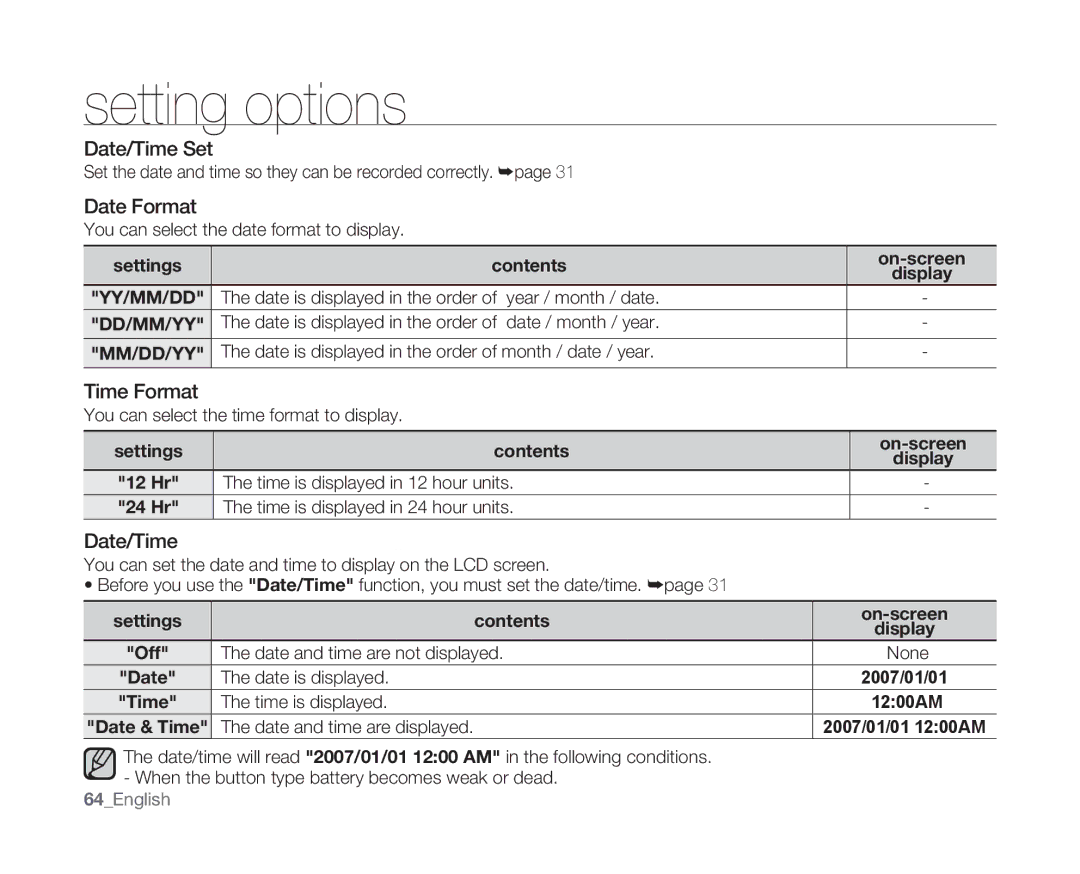 Samsung SC-MX10 user manual Date/Time Set, Date Format, Time Format 