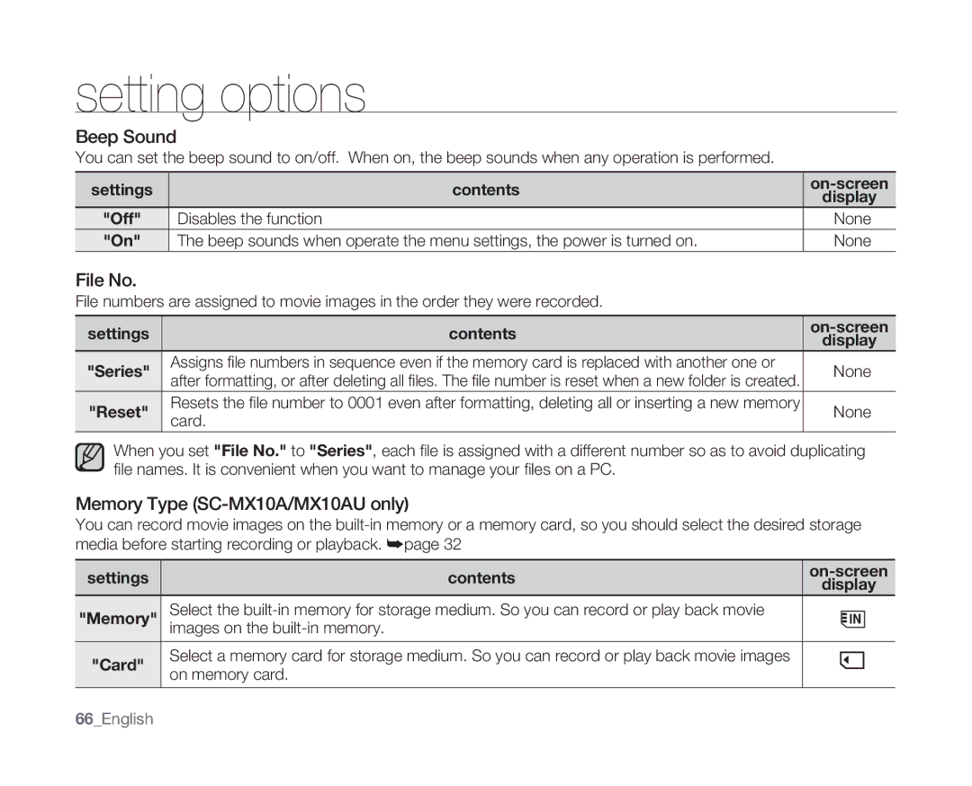 Samsung user manual Beep Sound, File No, Memory Type SC-MX10A/MX10AU only 