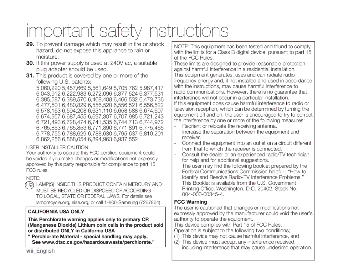 Samsung SC-MX10 user manual ViiiEnglish, User Installer Caution 