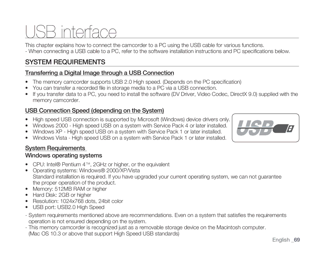 Samsung SC-MX10 user manual USB interface, System Requirements, Transferring a Digital Image through a USB Connection 