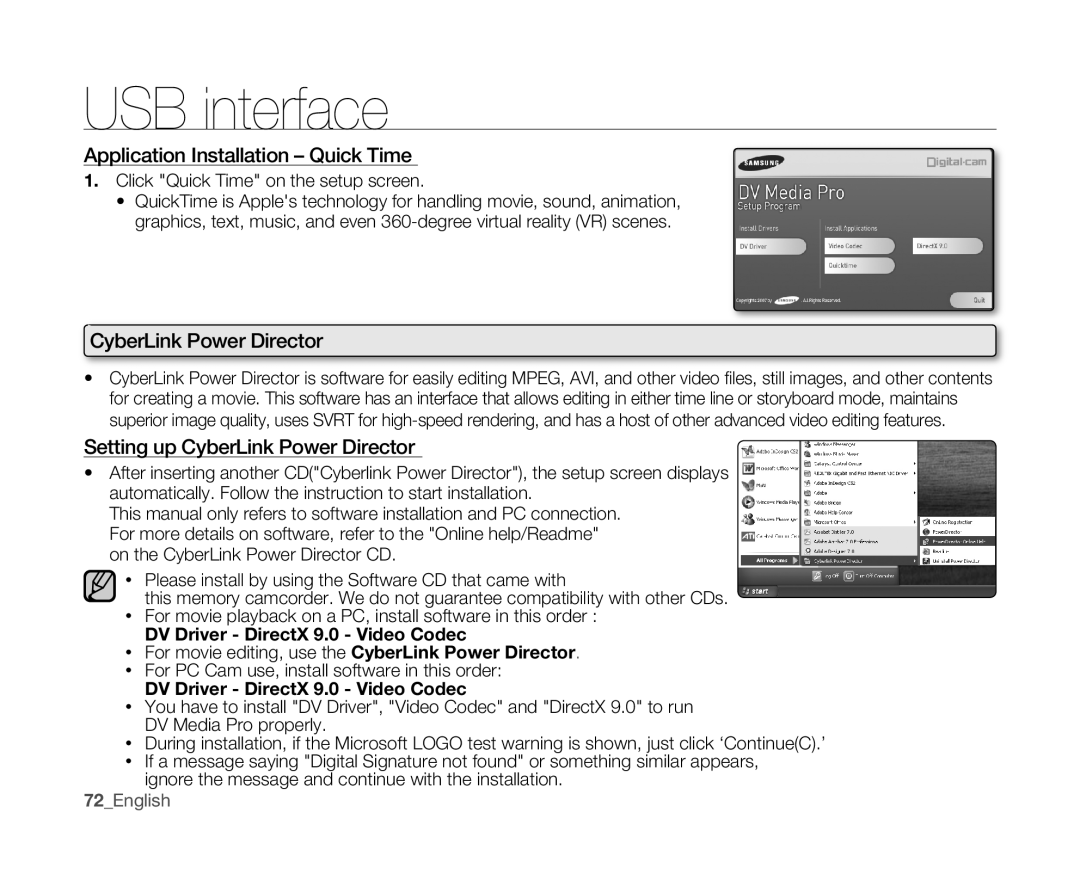 Samsung SC-MX10 user manual Application Installation Quick Time, Setting up CyberLink Power Director, 72English 