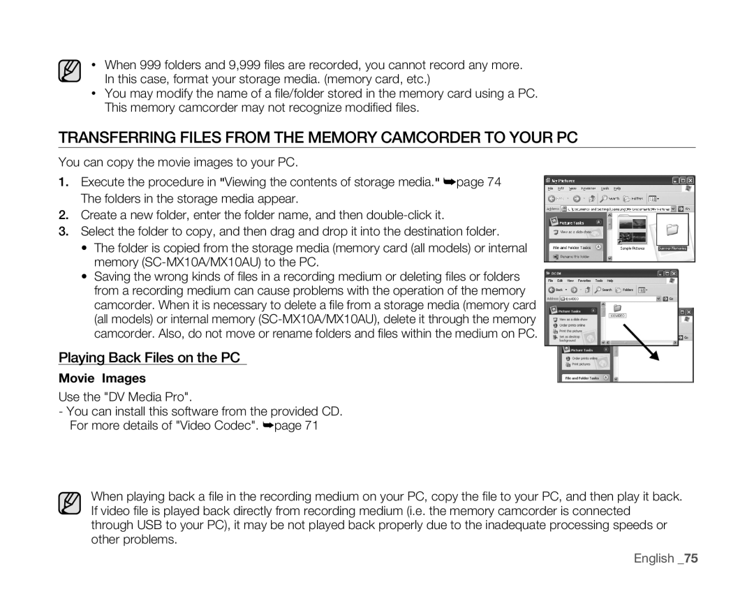 Samsung SC-MX10 Transferring Files from the Memory Camcorder to Your PC, Playing Back Files on the PC, Movie Images 