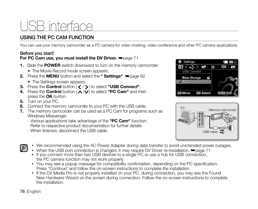 Samsung SC-MX10 user manual Using the PC CAM Function, For PC Cam use, you must install the DV Driver, 76English 