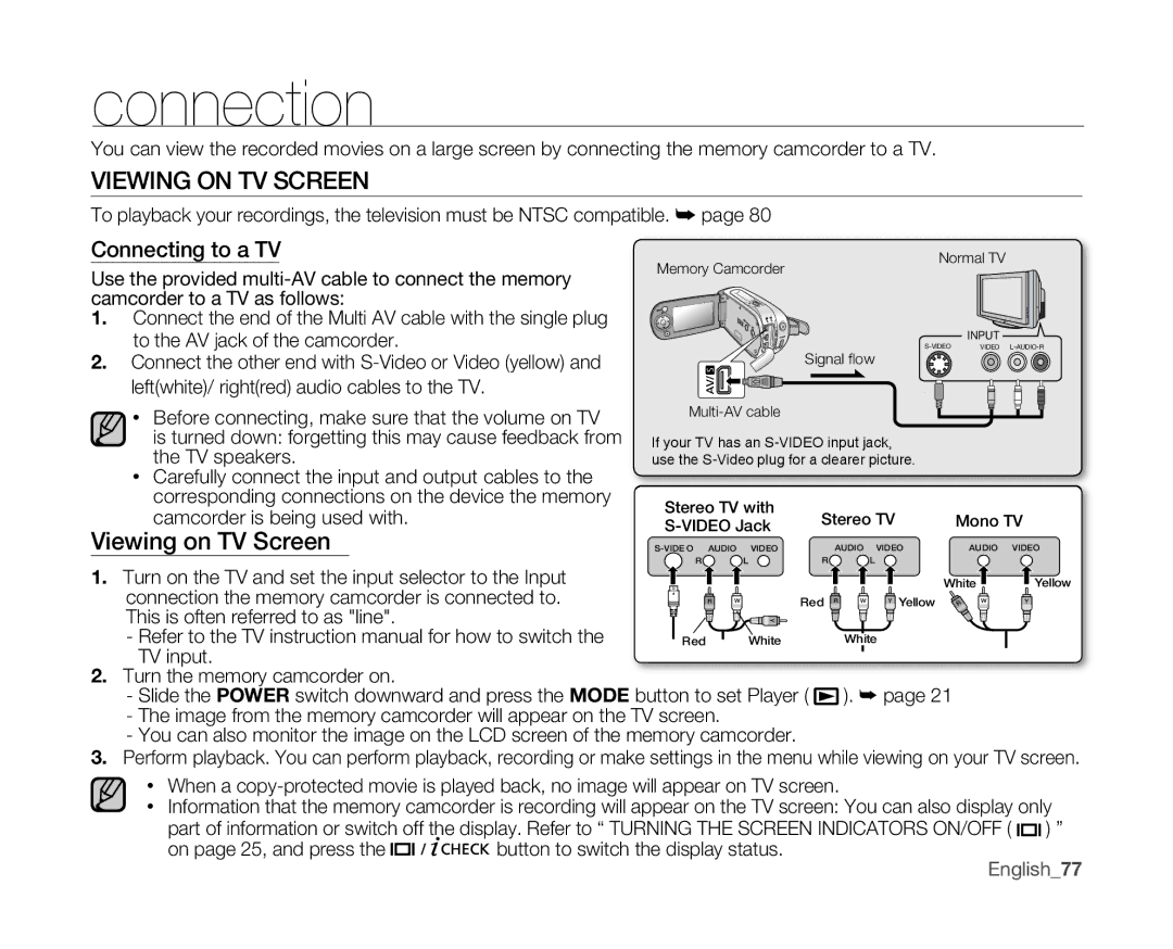 Samsung SC-MX10 user manual Connection, Viewing on TV Screen, Connecting to a TV, English77 