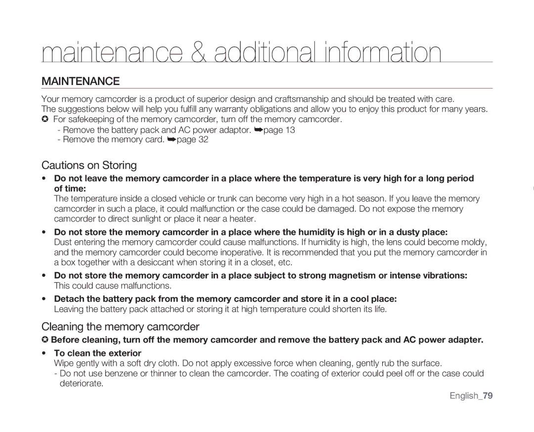 Samsung SC-MX10 user manual Maintenance & additional information, Cleaning the memory camcorder, English79 