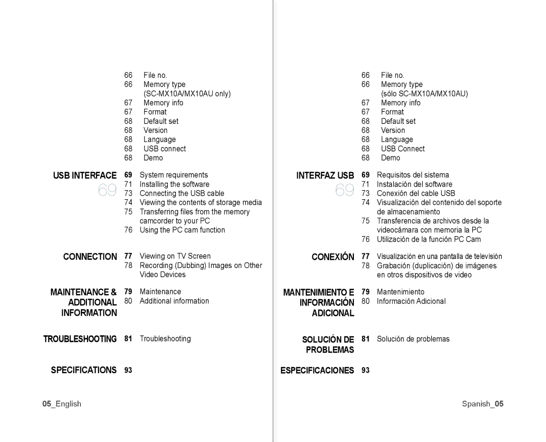 Samsung SC-MX10AU user manual Information, Specifications, Interfaz USB, Conexión, Adicional Solución DE, Problemas 