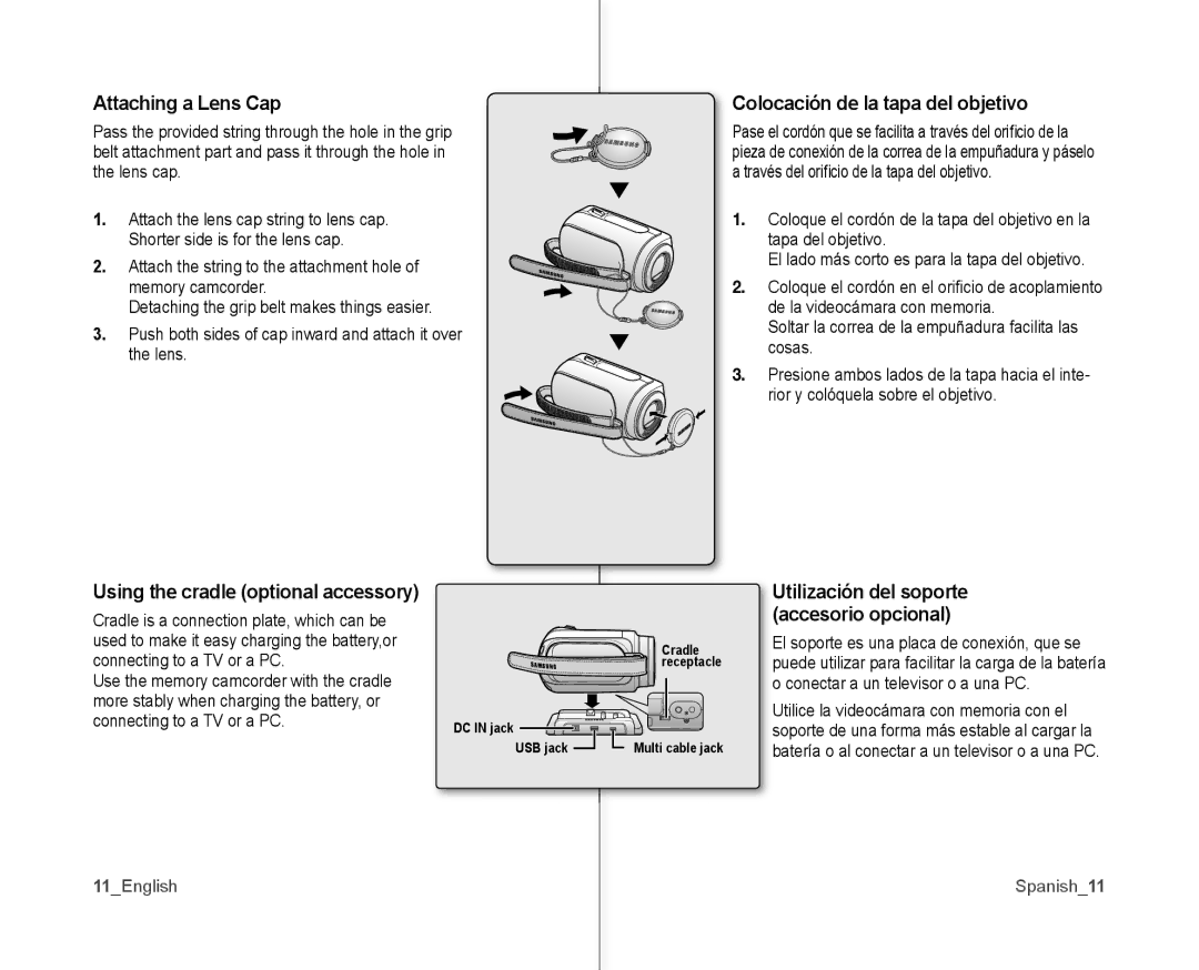 Samsung SC-MX10AU user manual Attaching a Lens Cap, Using the cradle optional accessory, Colocación de la tapa del objetivo 