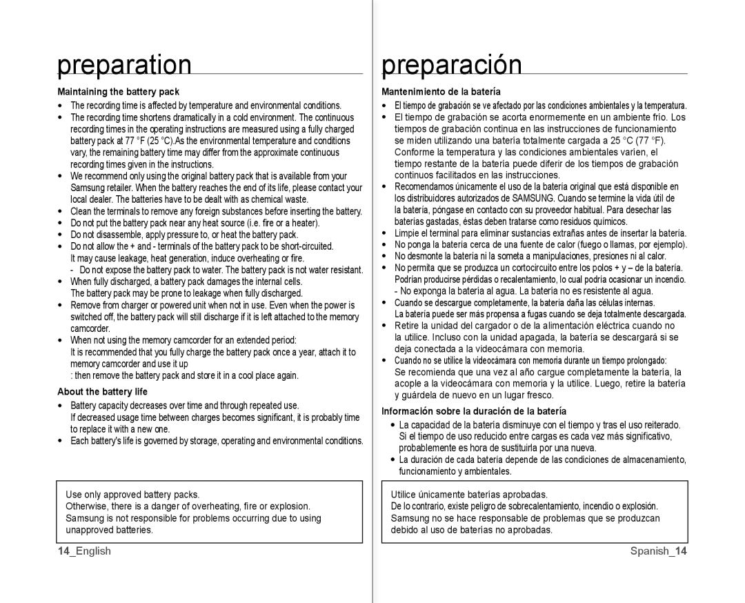 Samsung SC-MX10AU user manual Maintaining the battery pack, About the battery life, Mantenimiento de la batería 