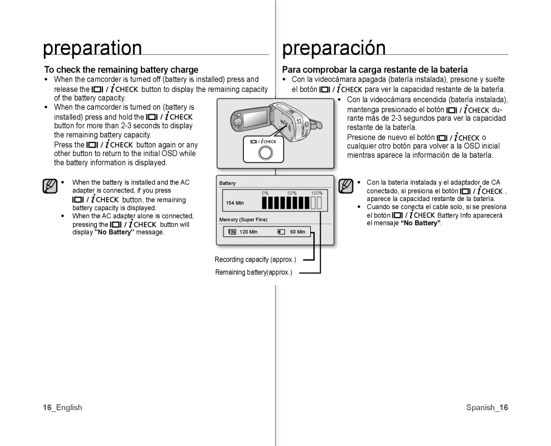 Samsung SC-MX10AU user manual To check the remaining battery charge, Para comprobar la carga restante de la batería 