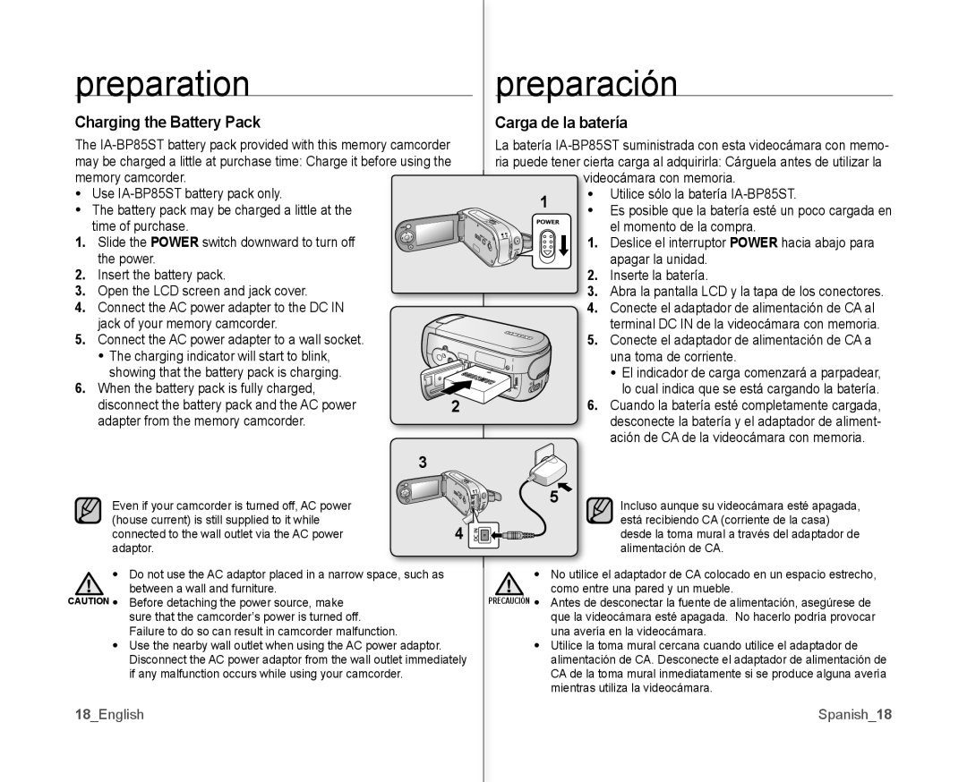 Samsung SC-MX10AU Preparation Preparación, Charging the Battery Pack Carga de la batería, 18English Spanish18 