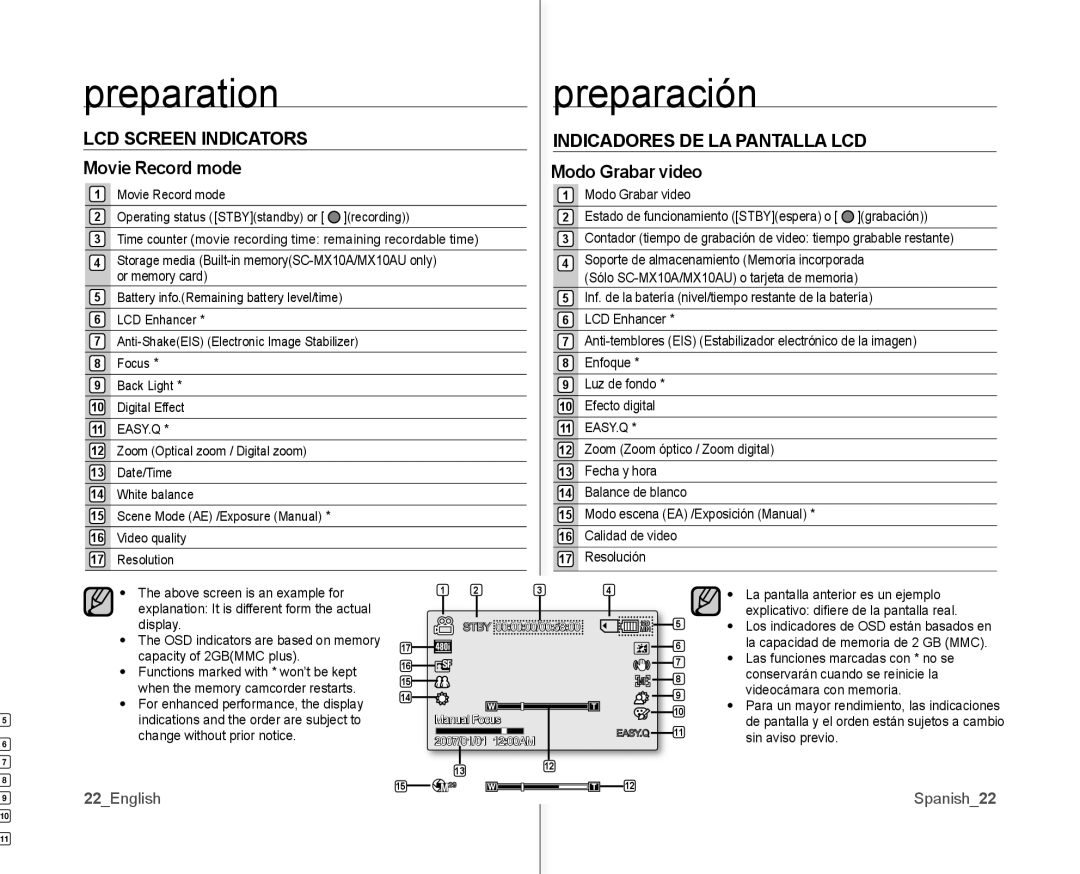 Samsung SC-MX10AU LCD Screen Indicators, Movie Record mode, Indicadores DE LA Pantalla LCD, Modo Grabar video 