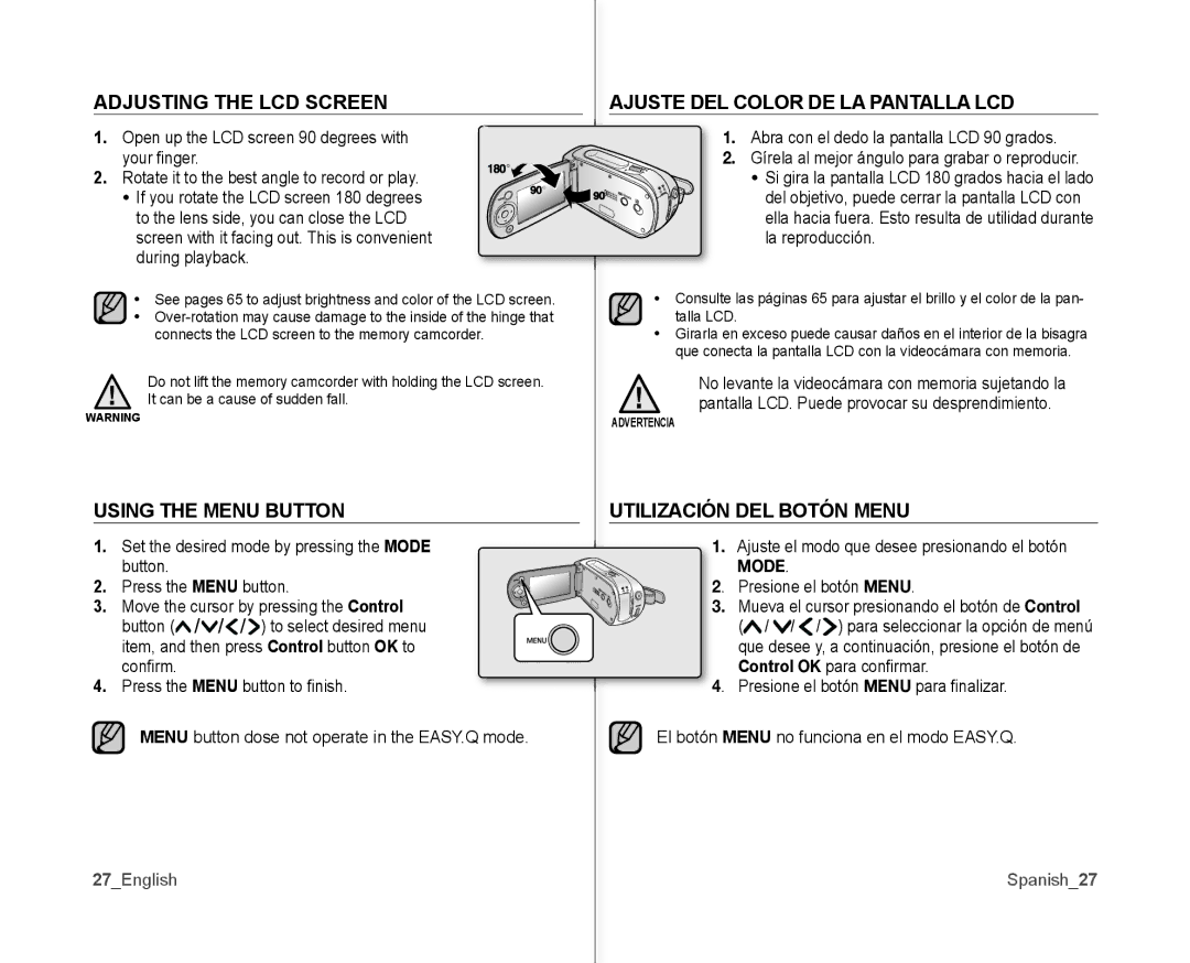 Samsung SC-MX10AU user manual Adjusting the LCD Screen, Using the Menu Button, Ajuste DEL Color DE LA Pantalla LCD 