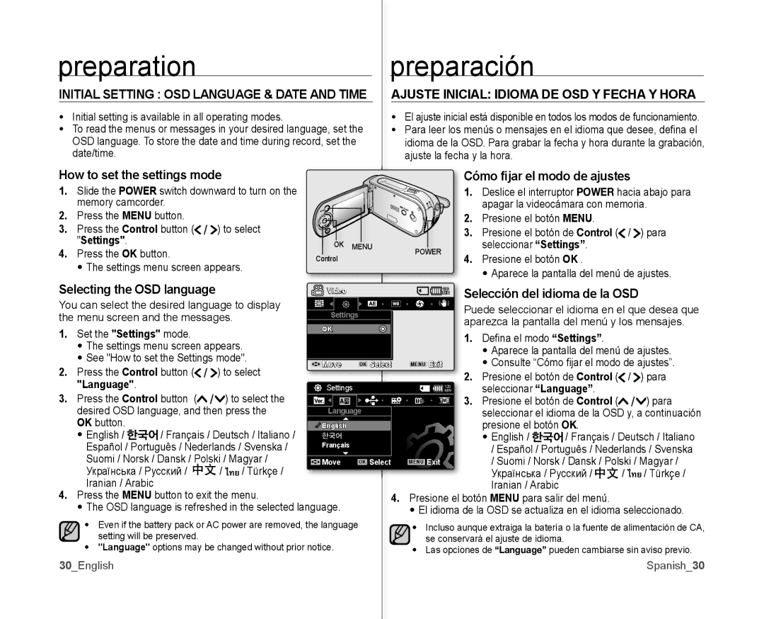 Samsung SC-MX10AU user manual Ajuste Inicial Idioma DE OSD Y Fecha Y Hora 