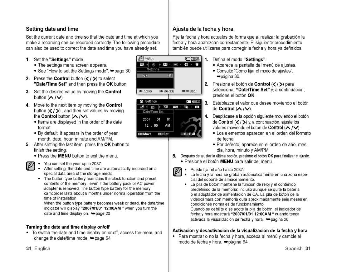 Samsung SC-MX10AU user manual Setting date and time Ajuste de la fecha y hora, Turning the date and time display on/off 