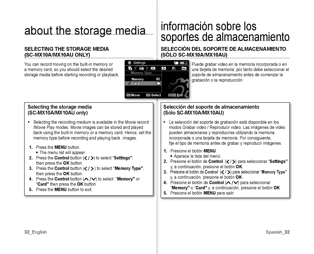 Samsung SC-MX10AU user manual Selección del soporte de almacenamiento, SC-MX10A/MX10AU only Sólo SC-MX10A/MX10AU 