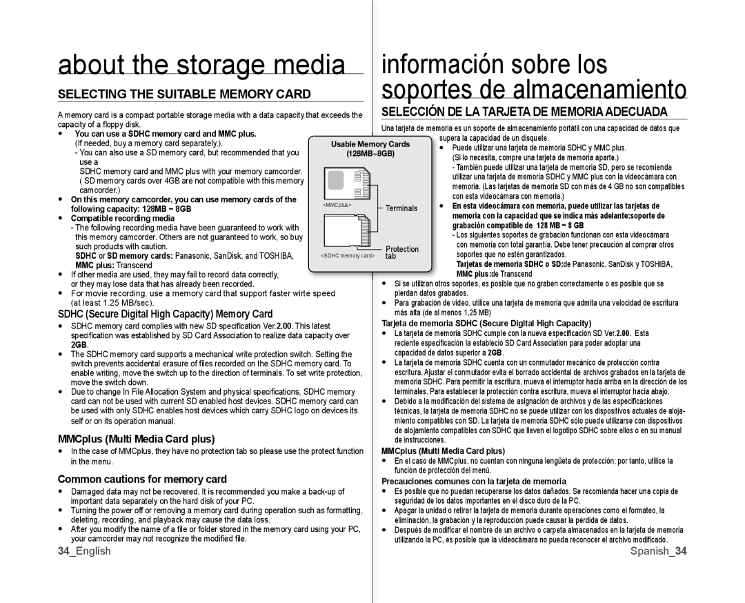 Samsung SC-MX10A About the storage media, Selecting the Suitable Memory Card, Selección DE LA Tarjeta DE Memoria Adecuada 