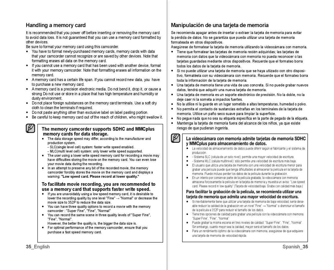 Samsung SC-MX10AU user manual Handling a memory card, Manipulación de una tarjeta de memoria, 35English, Spanish35 