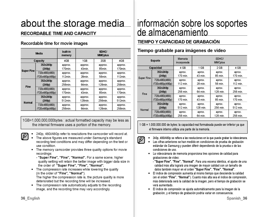 Samsung SC-MX10A Recordable Time and Capacity, Recordable time for movie images, Tiempo Y Capacidad DE Grabación 