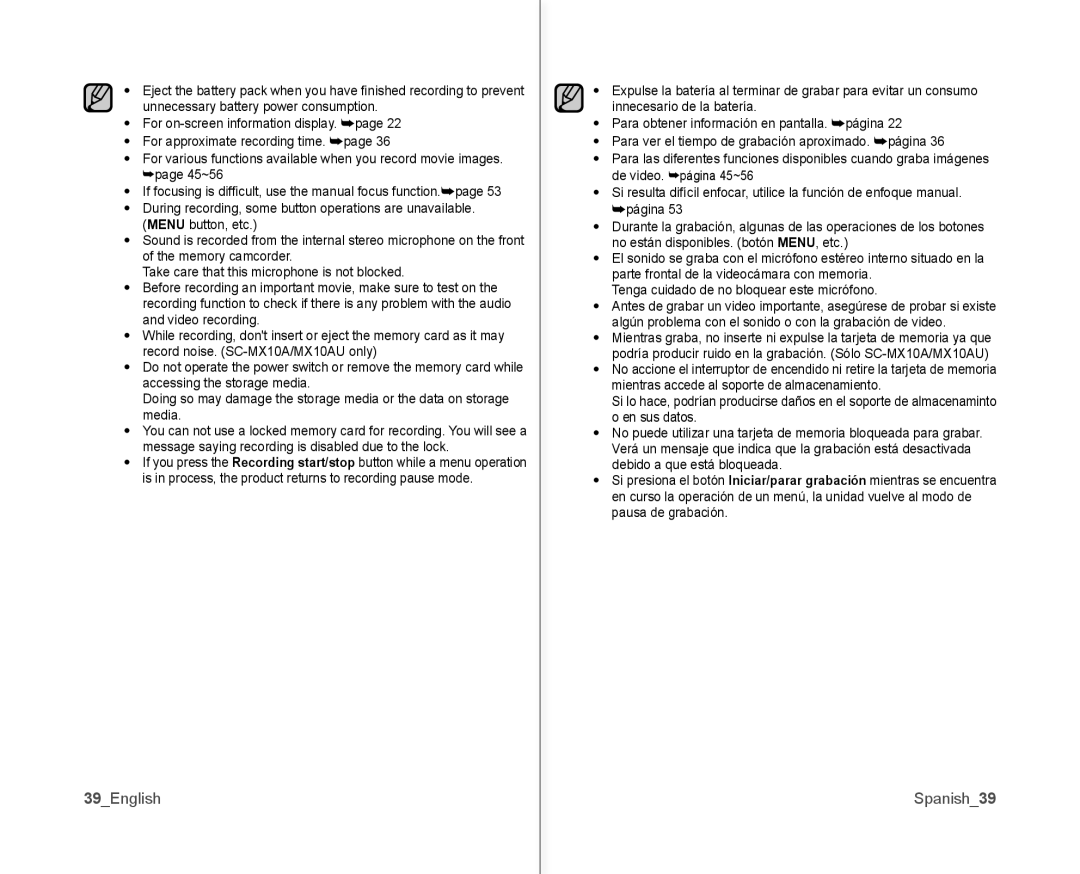 Samsung SC-MX10AU user manual 39English, Spanish39 