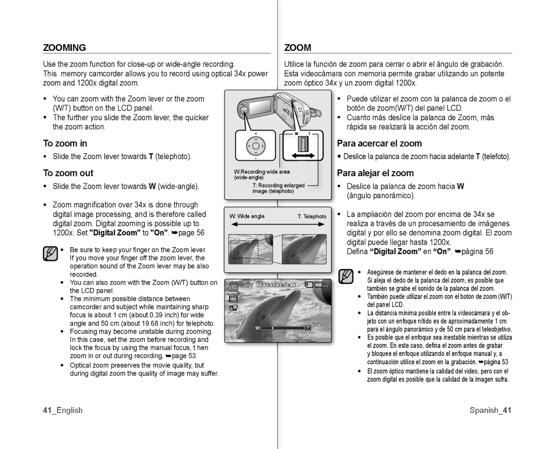 Samsung SC-MX10AU user manual Zooming, To zoom Para acercar el zoom, To zoom out, Para alejar el zoom, 41English Spanish41 