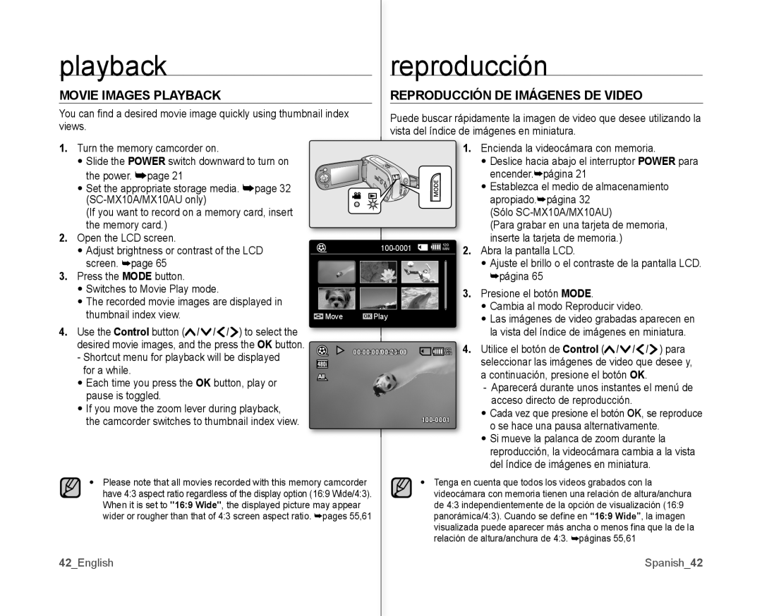 Samsung SC-MX10AU user manual Movie Images Playback Reproducción DE Imágenes DE Video 