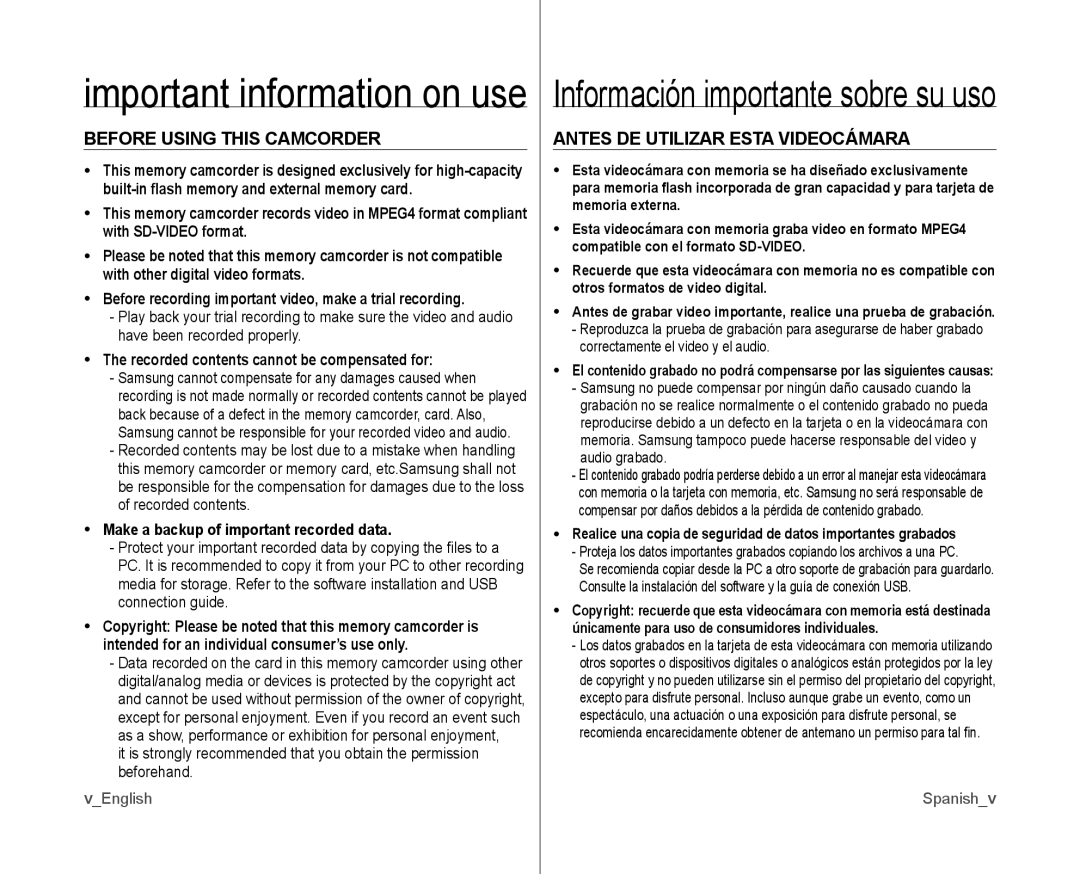 Samsung SC-MX10AU user manual Before Using this Camcorder, Antes DE Utilizar Esta Videocámara 