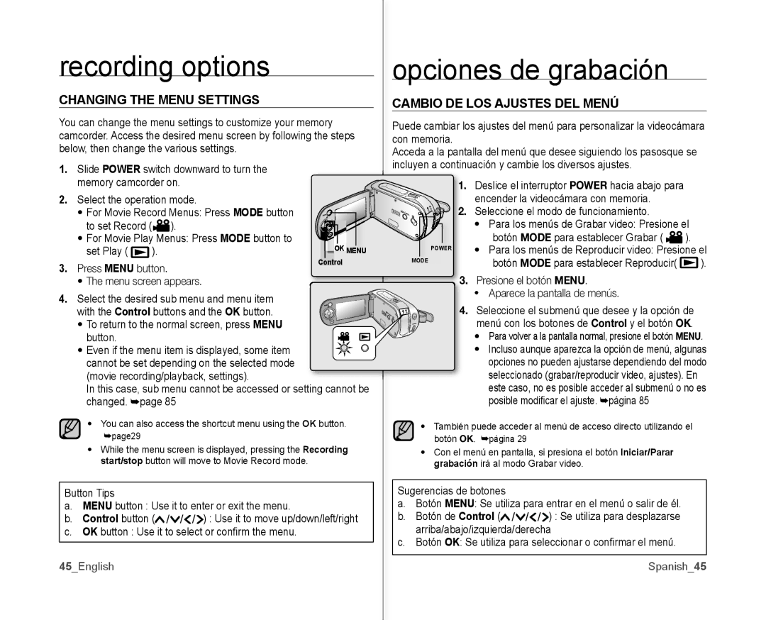 Samsung SC-MX10AU user manual Recording options, Changing the Menu Settings Cambio DE LOS Ajustes DEL Menú, Control button 