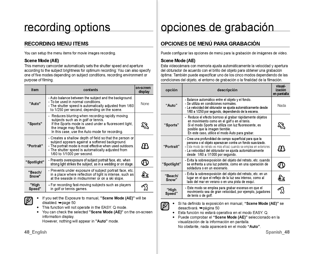 Samsung SC-MX10AU user manual Recording Menu Items, Opciones DE Menú Para Grabación, Scene Mode AE, 48English, Spanish48 