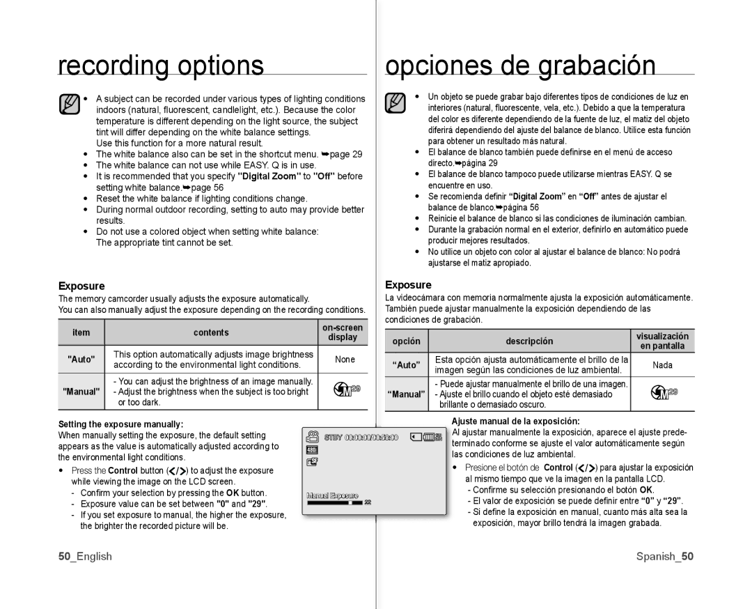 Samsung SC-MX10AU user manual 50English Spanish50, Display Opción Descripción, Ajuste manual de la exposición 