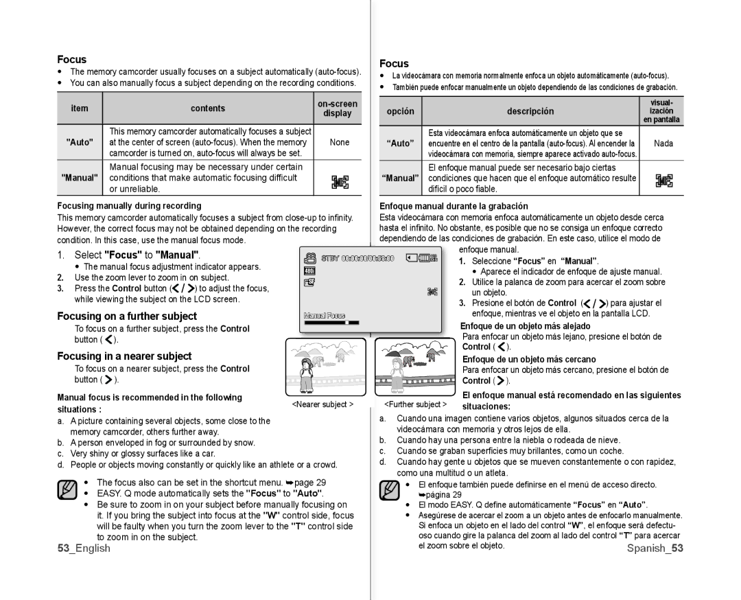 Samsung SC-MX10AU Select Focus to Manual, Focusing on a further subject, Focusing in a nearer subject, 53English 