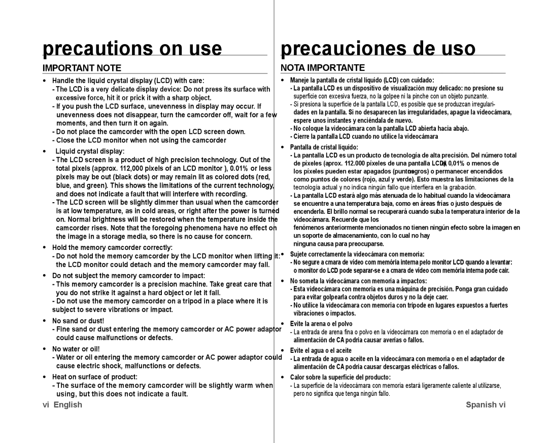 Samsung SC-MX10AU user manual Precautions on use, Precauciones de uso, Important Note, Nota Importante 