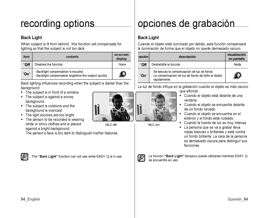 Samsung SC-MX10AU user manual Back Light, Person’s face is too dark to distinguish his/her features, De un fondo nevado 