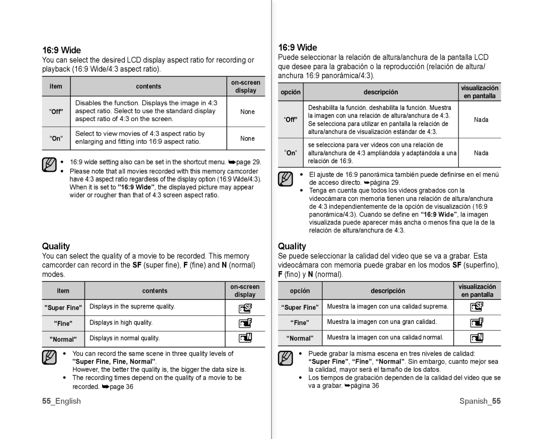 Samsung SC-MX10AU user manual Wide, Quality 