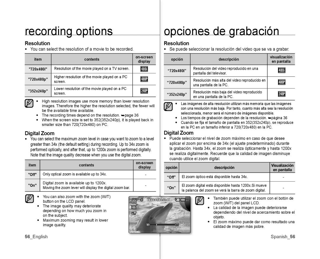 Samsung SC-MX10AU user manual Digital Zoom, Resolution, Cuando utilice el zoom digital, 56English Spanish56 