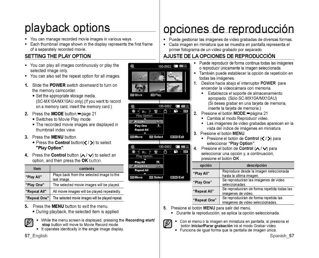 Samsung SC-MX10AU user manual Playback options, Play Option, 57English Spanish57 